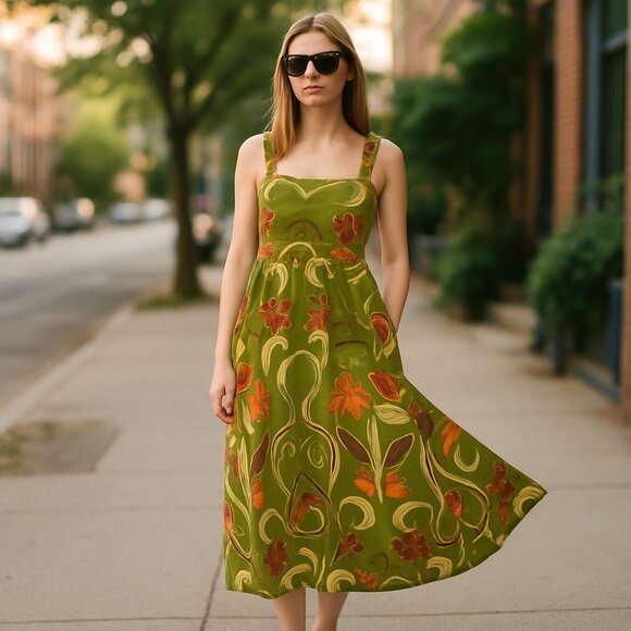 NWOT ZARA  WOMAN ZW COLLECTION PRINTED MIDI DRESS GREEN | 2183/010 - Picture 1 of 10